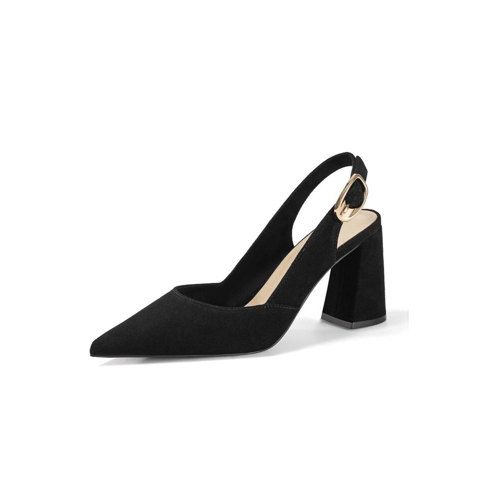 Womens Size 8 Genuine, Leather Pointed Toe Slingback Pumps Block Heel Dress Shoe